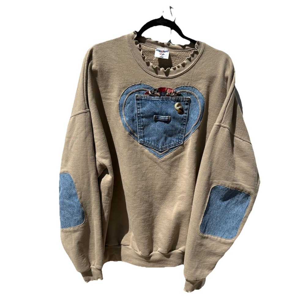 Womens Plus Size Tan 3X Embellished Denim Heart Elbow Patches Crew Sweatshirt